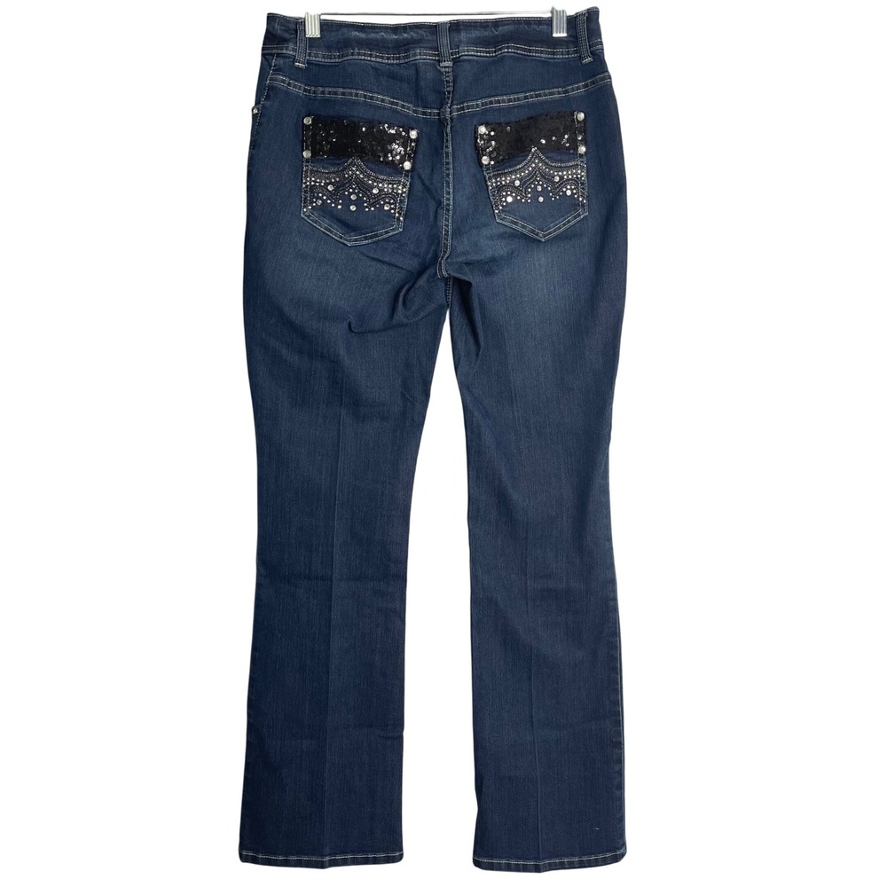 Chico's Platinum‎ Bootcut Jeans Womens 6 Blue Sequin Rhinestones Western Cowboy
